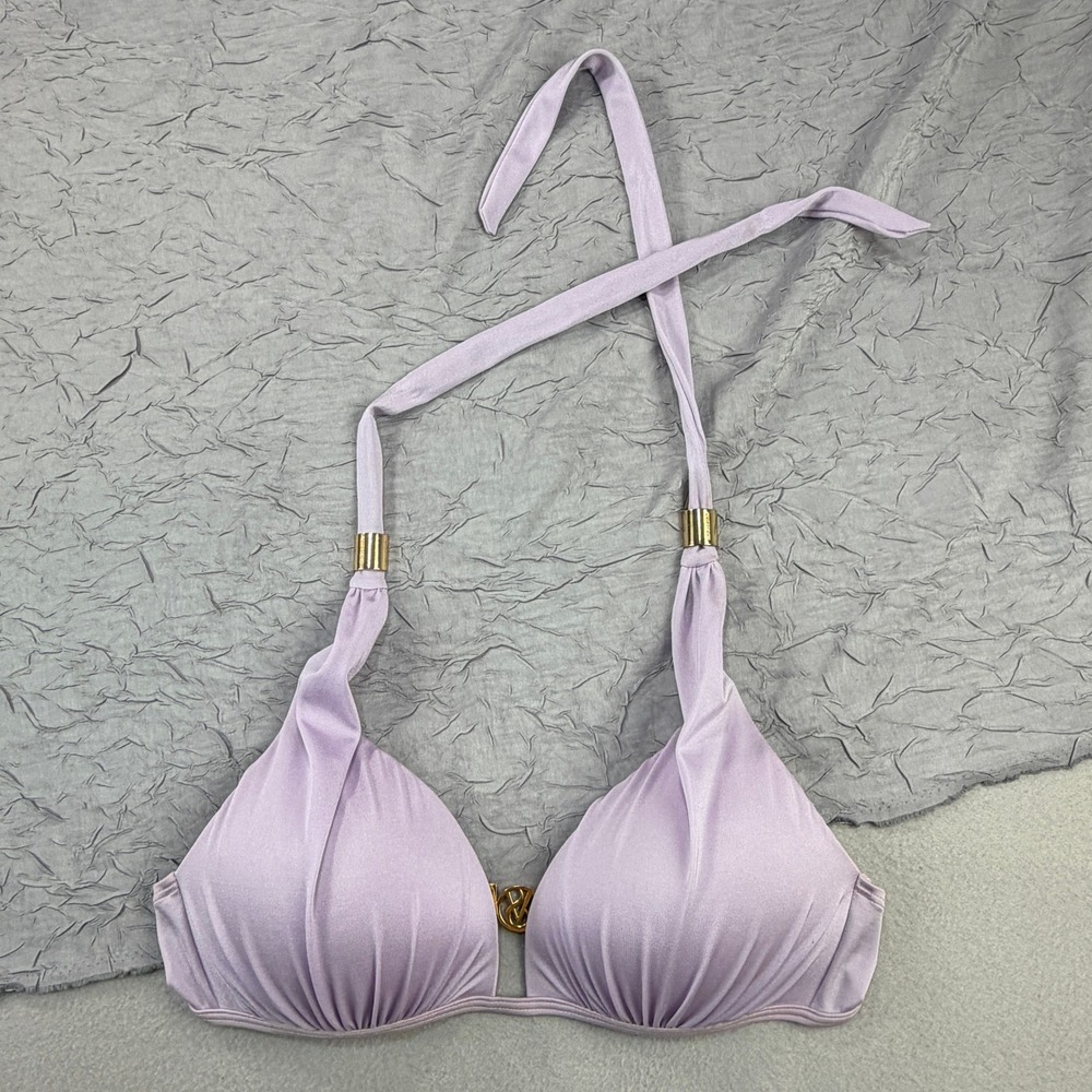 Victorias Secret Lavender Purple Halter Bikini Top Gold Logo Large L